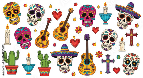 Flat style illustration of Día de los Muertos celebration with sugar skulls, sombreros, guitars, candles, cacti, and festive decorations representing Mexican culture and tradition