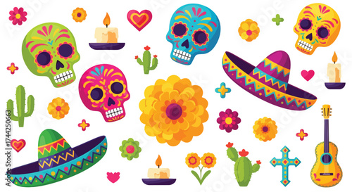 Flat style illustration of Día de los Muertos celebration with sugar skulls, sombreros, guitars, candles, cacti, and festive decorations representing Mexican culture and tradition