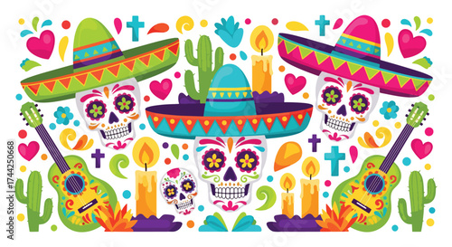 Flat style illustration of Día de los Muertos celebration with sugar skulls, sombreros, guitars, candles, cacti, and festive decorations representing Mexican culture and tradition