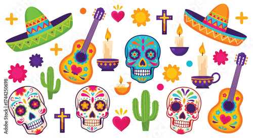 Flat style illustration of Día de los Muertos celebration with sugar skulls, sombreros, guitars, candles, cacti, and festive decorations representing Mexican culture and tradition