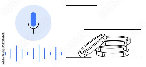 Microphone with soundwave and stacked coins represents voice tech influencing transactions, audio commerce, fintech, innovation, AI-driven solutions. Ideal for finance, tech, internet, economy audio