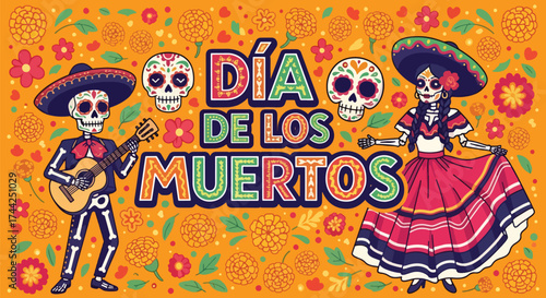 Vector illustration of Día de los Muertos celebration with festive skeletons in traditional Mexican outfits, guitar, flowers, and decorative typography on a bright background