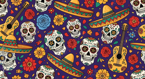 Vector art of colorful Día de los Muertos pattern with sugar skulls, guitars, maracas, flowers, and sombreros, celebrating Mexican culture and traditional holiday design