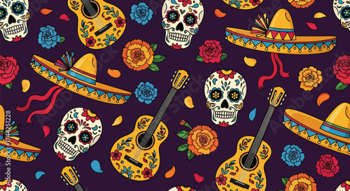 Vector art of colorful Día de los Muertos pattern with sugar skulls, guitars, maracas, flowers, and sombreros, celebrating Mexican culture and traditional holiday design