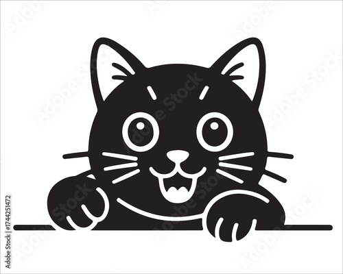 Adorable black cat face cartoon illustration with happy expression, playful feline character peeking design in vector silhouette style, perfect for logo, sticker, or children’s artwork use