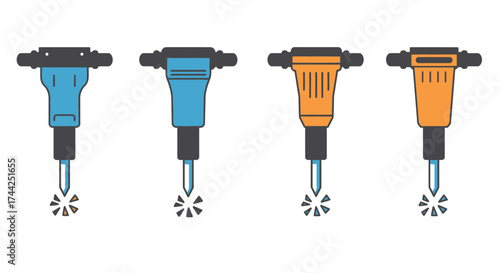 Four colorful jackhammers in a row viewed from above