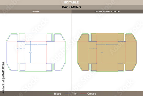 Double open clamshell flip top box packaging template in custom dimensions featuring structural carton dieline, editable folding layout, and accurate die line for printing setup