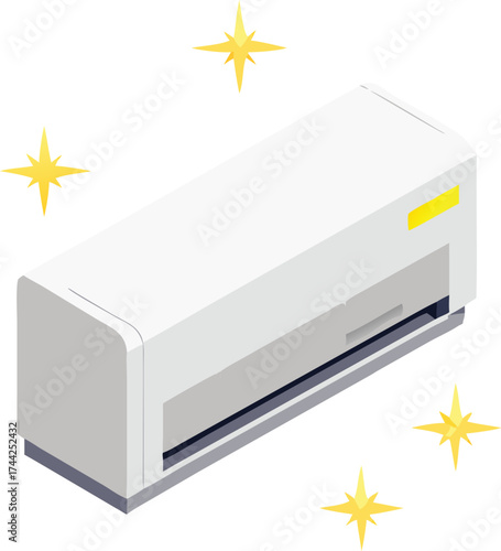 Clean white air conditioner unit with sparkling stars showing freshness and cool air flow vector