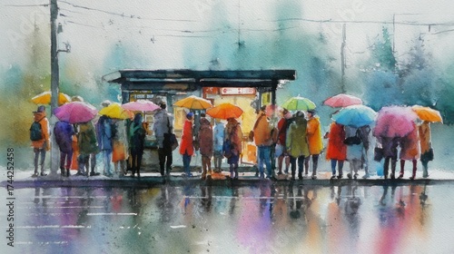 Wallpaper Mural Watercolor of people under umbrellas waiting at a bus stop in the rain Torontodigital.ca