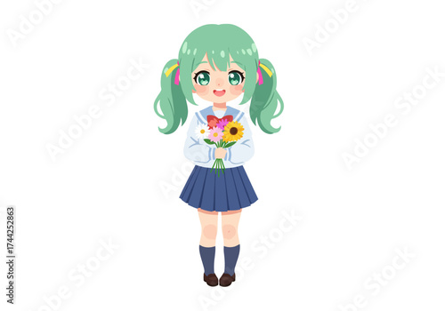 Anime schoolgirl in uniform holds flowers with pigtails and a cheerful expression