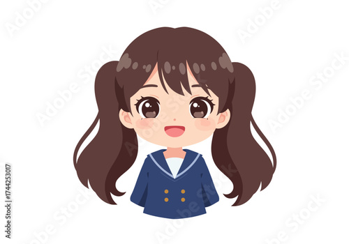 Animestyle girl with brown hair in pigtails wearing a blue school uniform