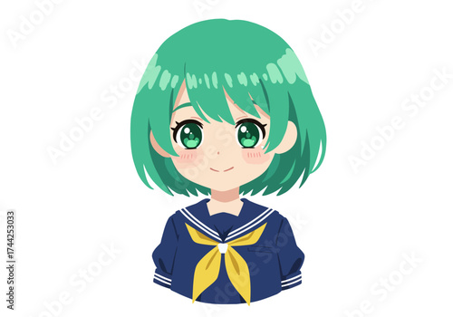 Animestyle girl with short green hair wearing a blue and yellow school uniform smiling