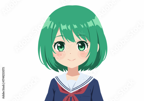 Animestyle schoolgirl with green hair wearing a blue  white uniform smiles gently on a white background