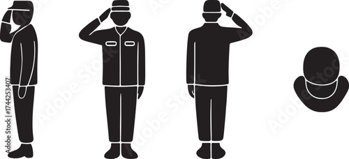 army soldier giving salute silhouette icons set side, front, back, and top views vector art illustration