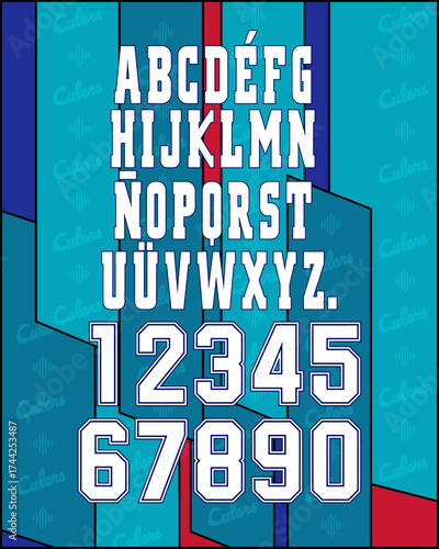 Retro athletic font inspired by 90s sports uniforms, with bold outlines and geometric forms. Perfect for jersey numbers, vintage apparel design, and sports branding projects in vector format