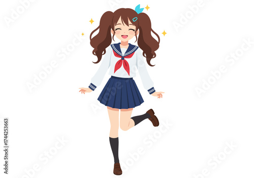 Cheerful anime schoolgirl with brown hair in pigtails wearing uniform and smiling with glittering background