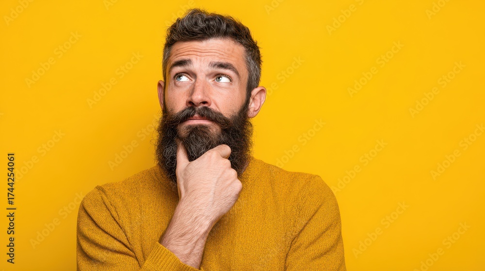 Fototapeta premium horizontal shot of bearded man keeps hands under chin looks thoughtfully somewhere considers better ways ponders between variants tries to make decision isolated on yellow wall blank space no logos n
