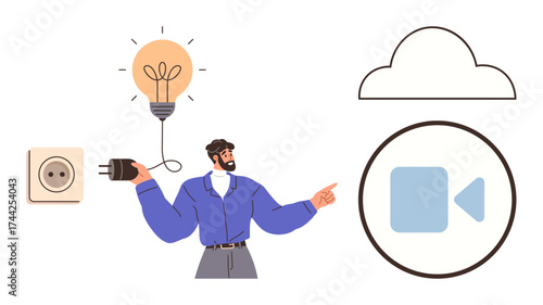 Man holding plug near outlet, lit bulb symbolizing ideas, cloud for online sharing, video camera for multimedia. Ideal for innovation, creativity, technology, connection, teamwork presentation