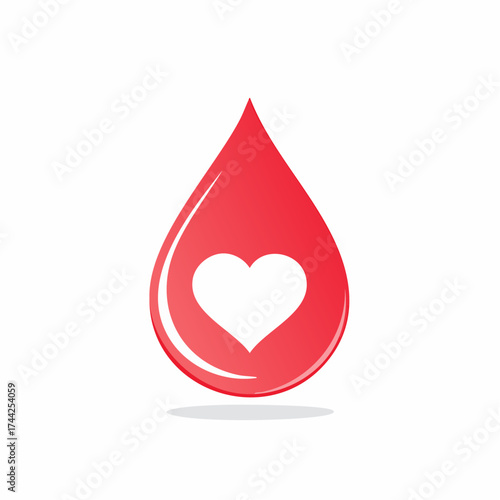 Red blood drop with heart shape inside, donation symbol.