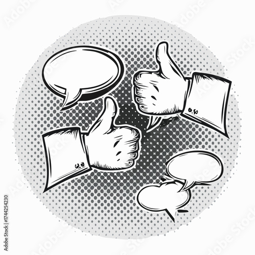 Retro comic thumbs up thumbs down speech bubbles pop art style vector illustration