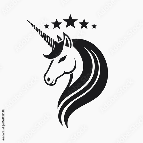 Wallpaper Mural Black and White Stylized Unicorn Head with Flowing Mane and Stars, Isolated White Background Torontodigital.ca