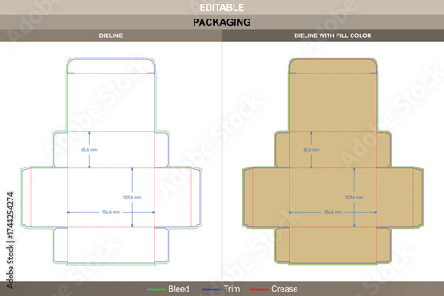 Flip top box packaging template with locking closure in custom dimensions featuring detailed carton dieline and professional folding structure with accurate die line setup for production