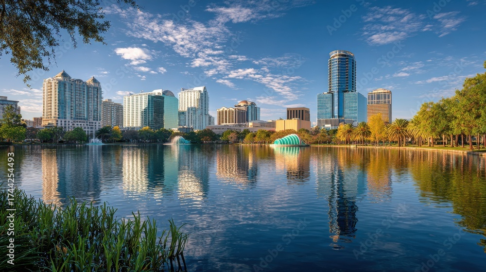 Fototapeta premium orlando florida usa downtown city skyline on eola lake no logos no brands ar 169