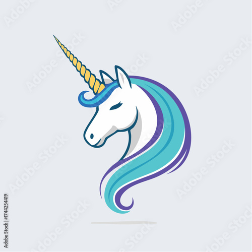 Dreamy White Unicorn Head with Yellow Horn and Pastel Blue and Purple Mane, a gentle and enchanting profile in a bright studio