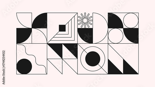 Abstract geometric composition in Brutalist style.Trendy modular design with block shapes and elements.Minimalist swiss aesthetic.Modern bold graphic for digital prints,branding,web,posters,emblems.