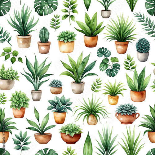 Watercolor plants pattern on black. Various potted greenery; botanical illustration