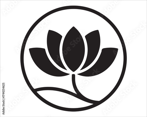 Minimal black lotus flower symbol enclosed in circle, elegant floral vector design representing purity, balance, and spirituality, ideal for logo, tattoo, spa, or wellness brand artwork