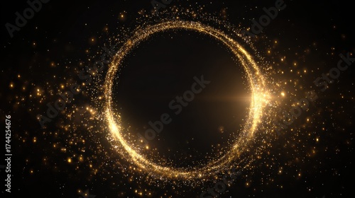 gold glitter circle of light shine sparkles and golden spark particles in circle frame on black background christmas magic stars glow firework confetti of glittery ring shimmer


