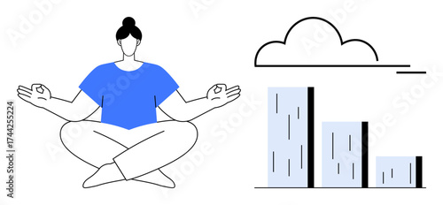 Person meditating beside bar chart under a cloud. Ideal for wellbeing, balance, productivity, mental health, mindfulness, growth, and stress management in a simple flat metaphor