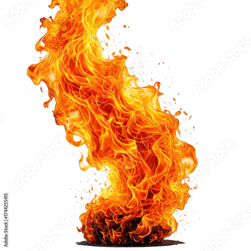 Fiery, glowing column of flames, isolated on black. Intense heat, blazing, vibrant colors