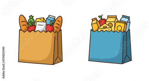 Two paper grocery bags filled with colorful food items illustration