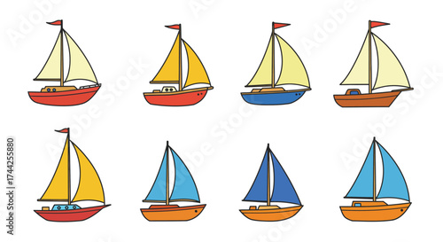 A collection of colorful cartoon sailboats with different hull colors displayed