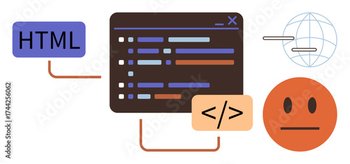 Code editor interface, HTML tag, globe, and abstract face concept. Ideal for coding, web design, programming, technology software education global connectivity. Simple flat metaphor