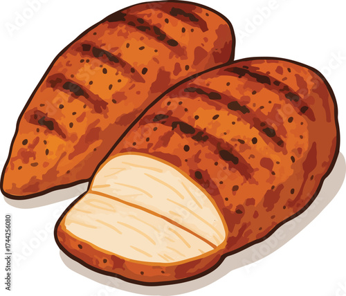 Two grilled chicken breasts with grill marks food protein
