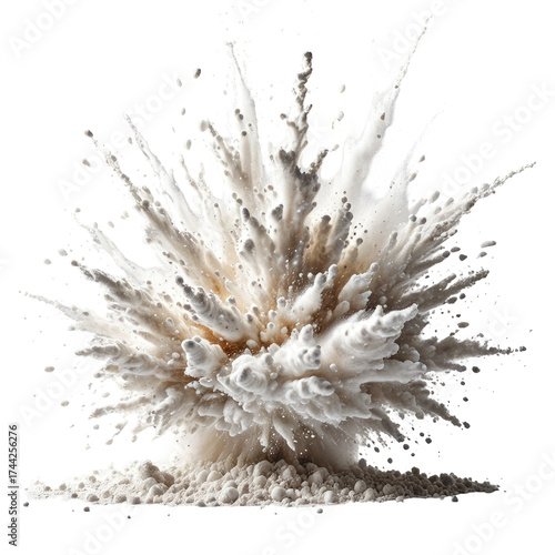 White powder explosion erupts, cloud of particulate against black