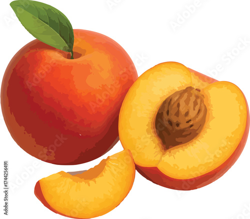 Whole and sliced ripe peach with green leaf fruit half
