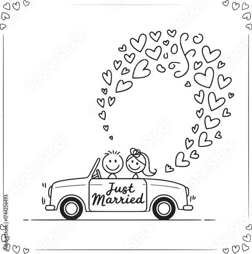 Just Married Couple Driving Away in a Classic Car: A whimsical illustration depicts a newlywed couple embarking on their journey, surrounded by love and joy.