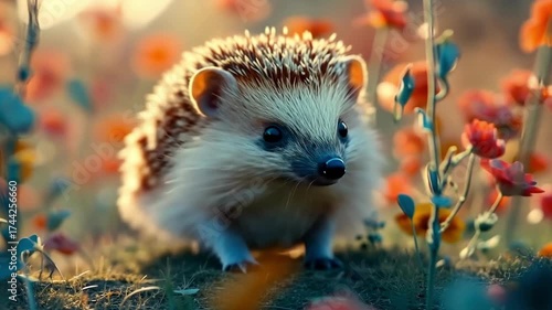 Cute hedgehog exploring a vibrant flower garden during a sunny afternoon