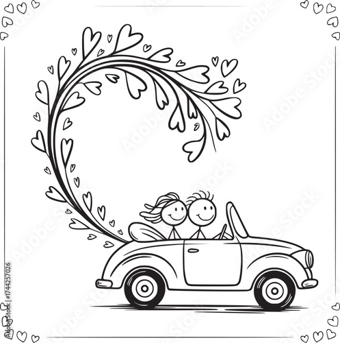 Love's Joyride: A heartwarming black and white illustration depicting a couple in love cruising in a vintage convertible car, with a cascade of heart-shaped leaves forming an artistic canopy above.