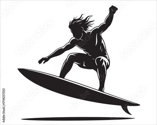 Dynamic black silhouette of a surfer riding a wave on surfboard, extreme sport illustration with flowing hair and motion energy, minimalist vector design isolated on white background