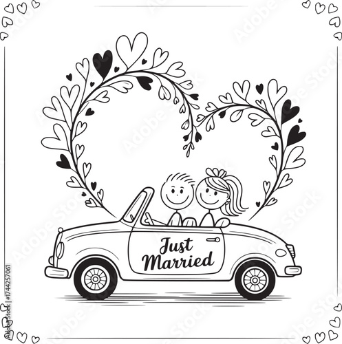 Sweethearts' Getaway: A charming sketch illustrates a joyful couple embarking on their journey of love in a vintage convertible, adorned with floral heart and the inscription Just Married.