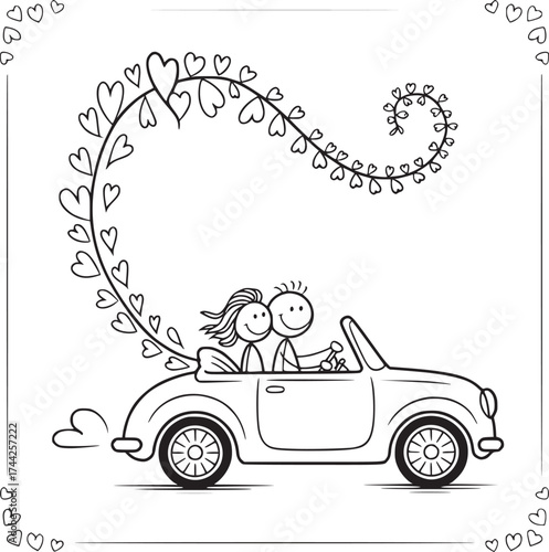 Romantic Road Trip: Charming illustration of a couple's journey of love, joyfully driving off into the sunset.