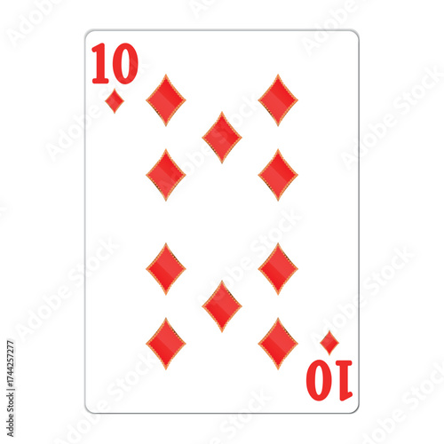 Ten of diamonds. Playing card with golden elements. Casino icons. Pictograms representing different suits. Vector illustration. Flat design for modern visual elements.