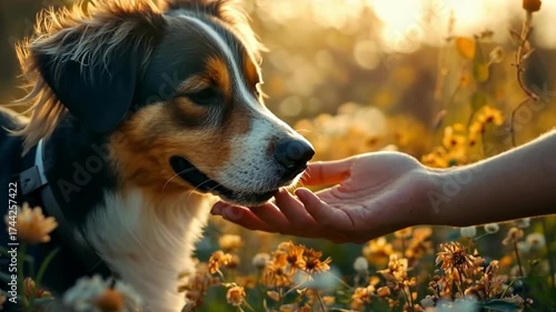 Dog enjoys gentle petting in a field of wildflowers at sunset with warm golden lighting