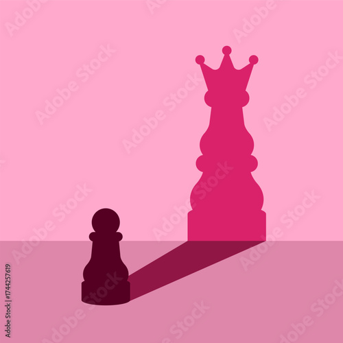 Pawn with queen shadow chess pieces. Ambition and motivation concept. Confidence and the belief in personal potential. Dream big idea. Self growth, success and win in business. Vector illustration.