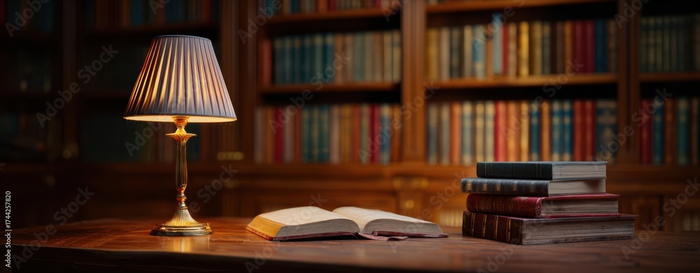 Fototapeta premium The Open Book on a Wooden Desk in a Warm Library Setting